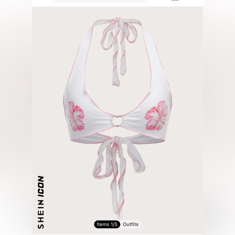 SHEIN floral print heart ring detail backless knot halter top